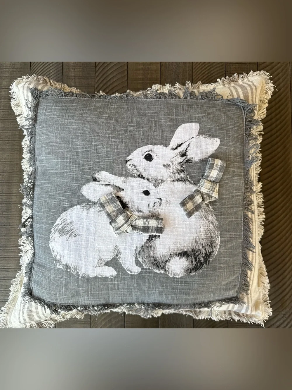 Gray Bunny 20X20 Farmhouse Decorative Fringe & Checkered Throw Pillow